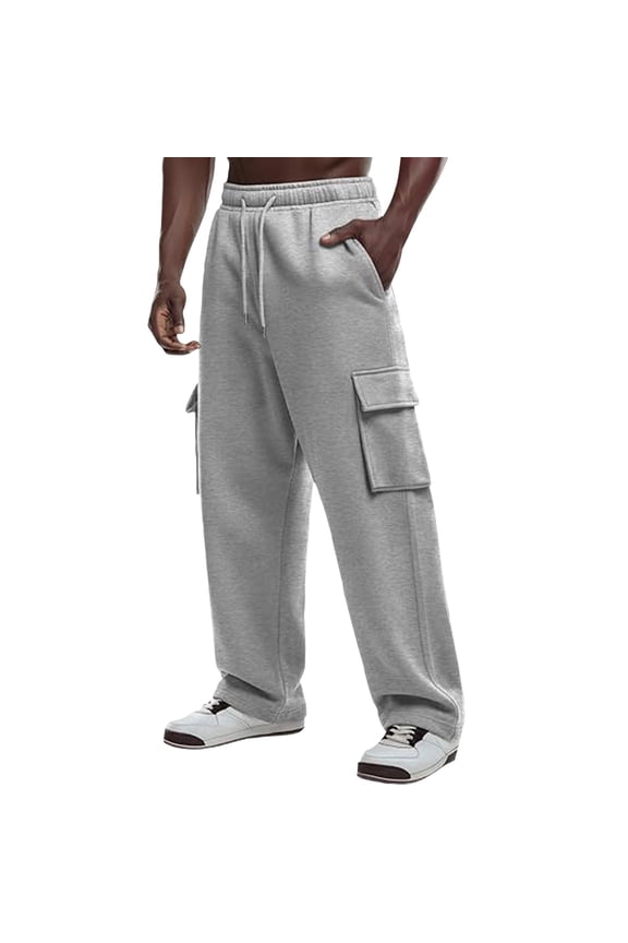 Men's Cargo Sweatpants Wide Leg Track Pants Drawstring Lounge Pants with Pockets Athletic Joggers Elastic Waist Long Pants,Gray,XL