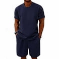 thumbnail image 1 of Uwinwear Men's Casual Athletic Tracksuits Sets Solid Color Crew Neck Short Sleeve T-Shirt and Drawstring Shorts Set Casual 2 Piece Outfit,Navy,L, 1 of 8