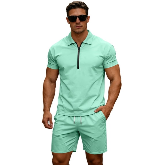 Uwinwear Men's Casual Athletic Tracksuits Sets Solid Color Half-Zip Polo Shirt and Drawstring Shorts Set Athletic Tracksuits 2 Piece Outfit,Light Green,M