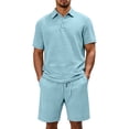 thumbnail image 1 of Uwinwear Men's Casual Athletic Tracksuits Sets Textured Jacquard Knit Polo Shirt and Drawstring Shorts Set Casual 2 Piece Summer Outfit,Light Blue,XXL, 1 of 6