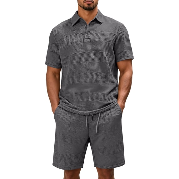 Uwinwear Men's Casual Athletic Tracksuits Sets Textured Jacquard Knit Polo Shirt and Drawstring Shorts Set Casual 2 Piece Summer Outfit,Dark Gray,L
