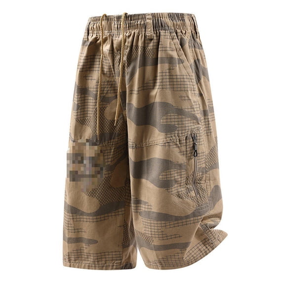 Uwinwear Men's Casual Beach Shorts Camouflage 3/4 Cotton Shorts Elastic Waist Casual Cotton Summer Drawstring Work Hiking Outdoor Shorts with Multi-Pocket