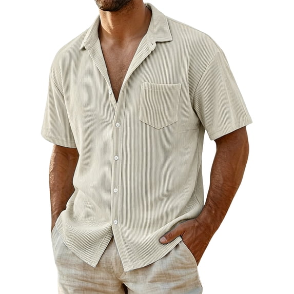 Uwinwear Men's Casual Button Down Shirts Short Sleeve Textured Summer Beach Shirt Outdoor Lightweight Tops with Pocket,Beige,L