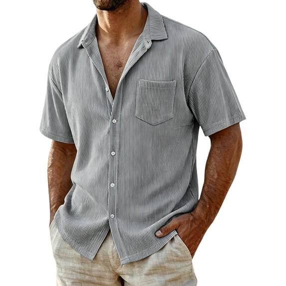 Uwinwear Men's Casual Button Down Shirts Short Sleeve Textured Summer Beach Shirt Outdoor Lightweight Tops with Pocket,Gray,L