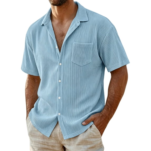 Uwinwear Men's Casual Button Down Shirts Short Sleeve Textured Summer Beach Shirt Outdoor Lightweight Tops with Pocket,Light Blue,XXL