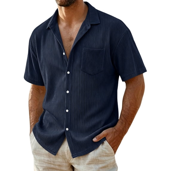 Uwinwear Men's Casual Button Down Shirts Short Sleeve Textured Summer Beach Shirt Outdoor Lightweight Tops with Pocket,Navy,XXXXL