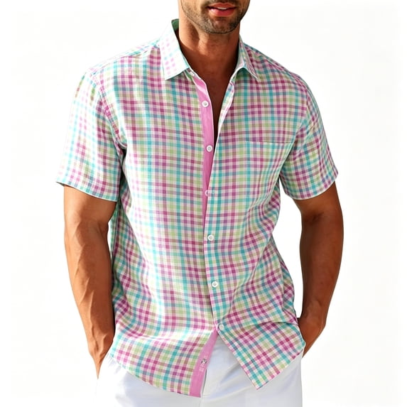 Uwinwear Men's Casual Stylish Short Sleeve Button Down Plaid Dress Shirt Hawaiian Vacation Tops Summer Beach Breathable Casual Wear,Pink,S