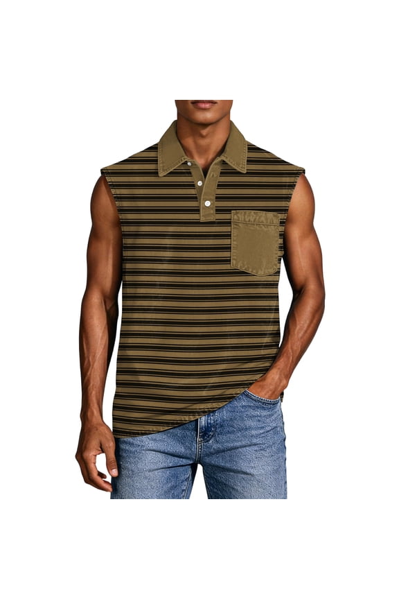 Men's Horizontal Striped Sleeveless Shirts Washed Tank Tops Button Down Polo Shirt Vintage Solid vest with Chest Pocket,Brown,XXXL