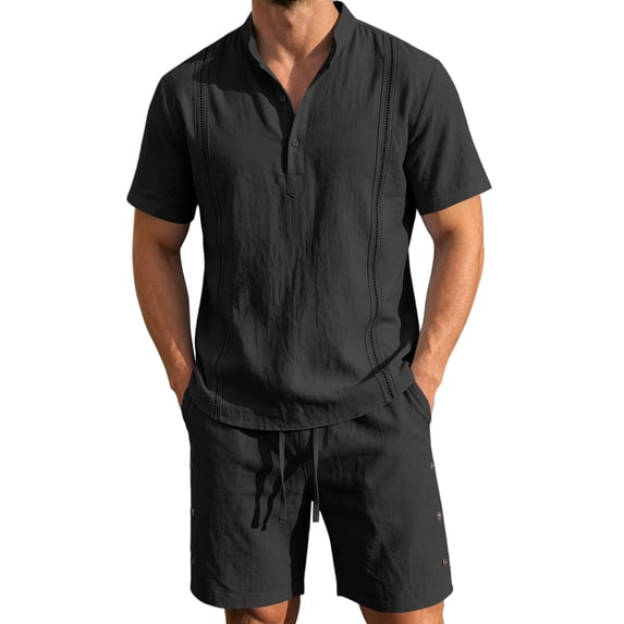 Uwinwear Men's Linen Casual 2 Piece Outfit Mock Neck Short Sleeve Shirt and Side Button Shorts Set Casual 2 Piece Summer Outfit,Black,S