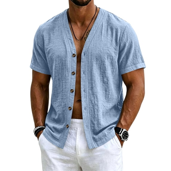 Uwinwear Men's Linen Cotton Short Sleeve Button Up Shirts Solid Color Tops V Neck Hawaiian Summer Beach Casual T-Shirt,Light Blue,L