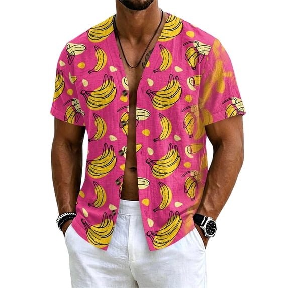 Uwinwear Men's Linen Cotton Short Sleeve Button Up V Neck Shirts Lightweight Tops Hawaiian Summer Beach Printed Casual Shirts Breathable Casual Wear,Red,XL