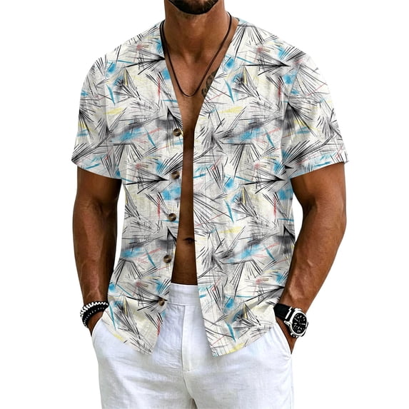 Uwinwear Men's Linen Cotton Short SleeveButton Up Shirts Lightweight Tops V Neck Hawaiian Summer Beach Printed Casual Shirts Breathable Casual Wear,Gray,XL