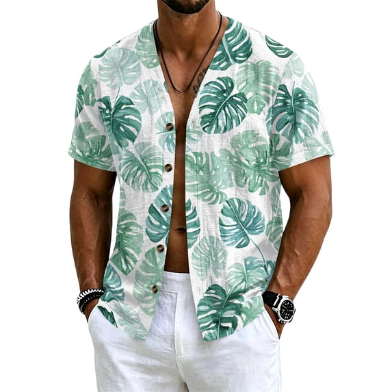 Uwinwear Men's Linen Cotton Short SleeveButton Up Shirts Lightweight Tops V Neck Hawaiian Summer Beach Printed Casual Shirts Breathable Casual Wear,Light Green,M