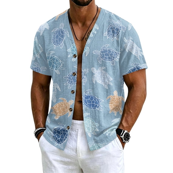 Uwinwear Men's Linen Cotton Short SleeveButton Up Shirts Lightweight Tops V Neck Hawaiian Summer Beach Printed Casual Shirts Breathable Casual Wear,Sky Blue,L
