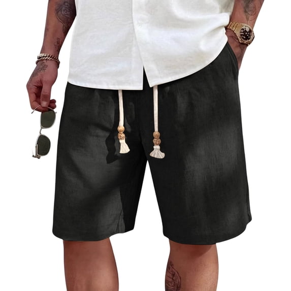 Uwinwear Men's Linen Shorts, Elastic Waist Drawstring Casual Summer Beach Golf Yoga Shorts with Pockets Black 2XL