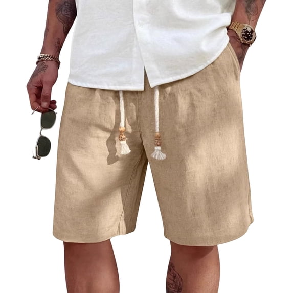 Uwinwear Men's Linen Shorts, Elastic Waist Drawstring Casual Summer Beach Golf Yoga Shorts with Pockets Khaki M