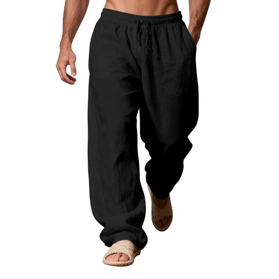 Uwinwear Men's Loose Fit Linen Pants, Lightweight Drawstring Waist Casual Summer Beach Yoga Trousers Black M