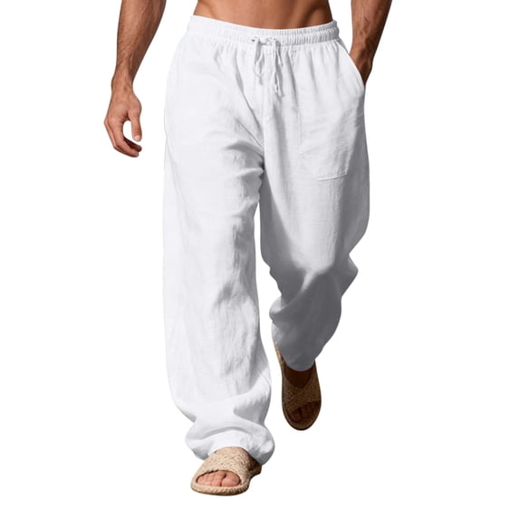 Uwinwear Men's Loose Fit Linen Pants, Lightweight Drawstring Waist Casual Summer Beach Yoga Trousers White L