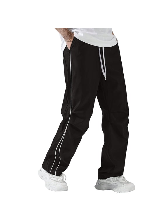 Men's Parachute Sweatpants,Y2k Baggy Track Pants with Pockets,Outdoor Drawstring Wide Leg Casual Trousers Streetwear,Black,M