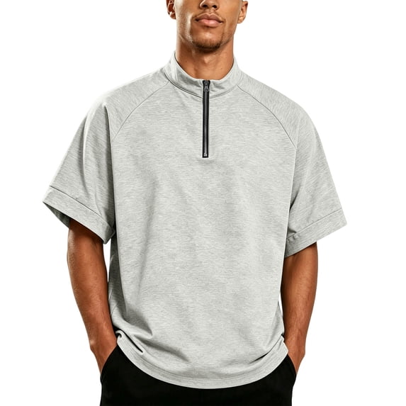 Uwinwear Men's Quarter Zip Pullover Casual Raglan Sleeve Short Sleeve Fashion Golf Shirts Solid Color Activewear Tops Breathable Casual Wear,Light Gray,XXXL