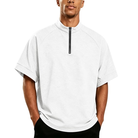 Uwinwear Men's Quarter Zip Pullover Casual Raglan Sleeve Short Sleeve Fashion Golf Shirts Solid Color Activewear Tops Breathable Casual Wear,White,L