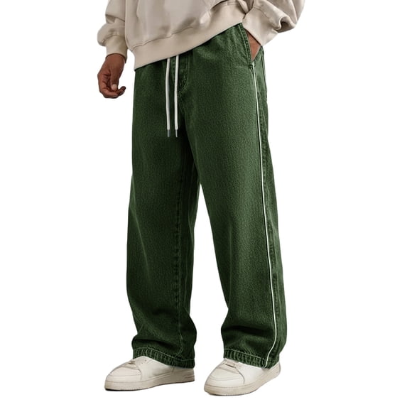 Uwinwear Men's Regular Fit Straight Leg Baggy Jeans Drawstring Elastic Waist Casual Trousers Y2K Denim Pants with Pockets,Dark Green,XXXL