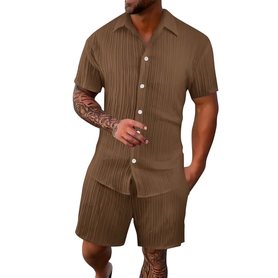 Uwinwear Men's Summer Beach Set Textured Striped Short Sleeve Shirt and Drawstring Athletic Shorts Set Casual 2 Piece Outfit,Coffee,L