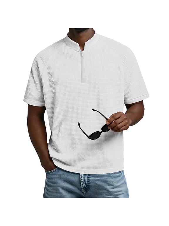 Men's Summer Casual T-shirts Mock Neck Waffle Knit Short Sleeve Shirts Quarter Zip Casual Loose Fit Pullover Breathable Casual Wear,White,S
