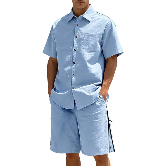 Uwinwear Men's Summer Outdoor Two-Piece Sets Lightweight Short Sleeve Button-Up Shirt and Side Zip Cargo Shorts Set Casual 2 Piece Casual Outfit,Light Blue,S
