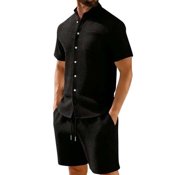 Uwinwear Men's Summer Outfits Sets Big And Tall Waffle Knit Mock Neck Short Sleeve Shirt and Drawstring Shorts Set Casual 2 Piece Outfit,Black,L