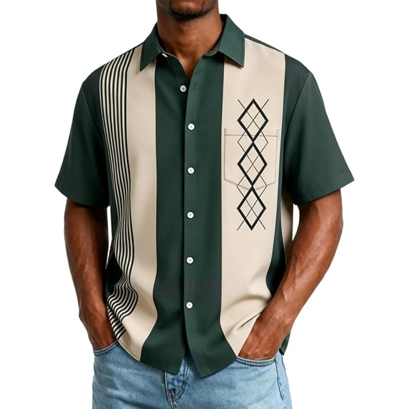 Uwinwear Men's Vintage Bowling Shirt Button Down Hawaiian Short Sleeve Summer Beach Color Blocked Casual Shirts Lightweight Breathable Tops,Dark Green,XXXL