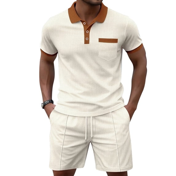 Uwinwear Men's Waffle Knit Casual 2 Piece Outfit Colorblock Polo Shirt and Drawstring Shorts Set with Chest Pocket Summer Casual 2 Piece Outfit,Beige,S