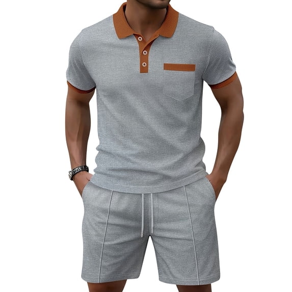 Uwinwear Men's Waffle Knit Casual 2 Piece Outfit Colorblock Polo Shirt and Drawstring Shorts Set with Chest Pocket Summer Casual 2 Piece Outfit,Light Gray,M