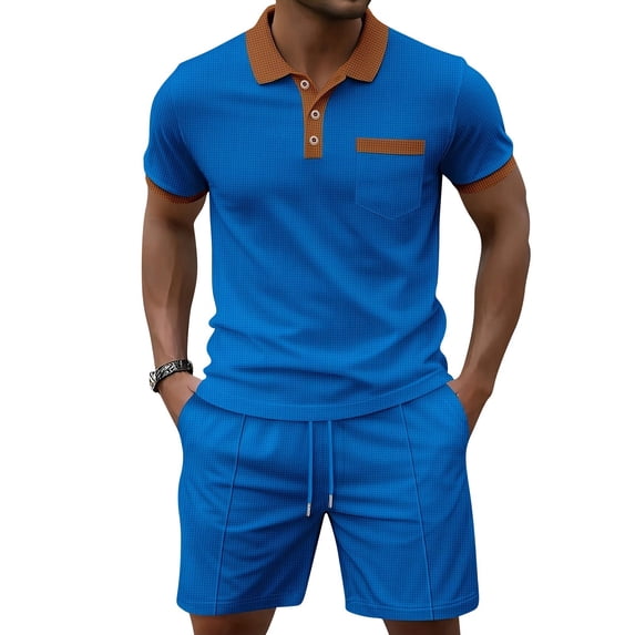 Uwinwear Men's Waffle Knit Casual 2 Piece Outfit Colorblock Polo Shirt and Drawstring Shorts Set with Chest Pocket Summer Casual 2 Piece Outfit,Royal Blue,S