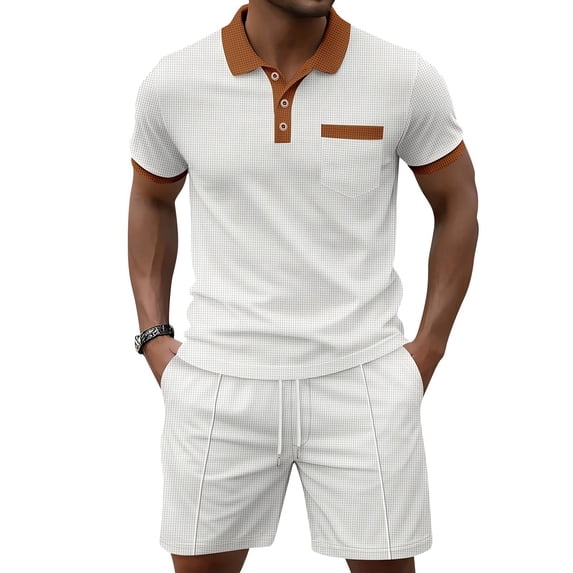 Uwinwear Men's Waffle Knit Casual 2 Piece Outfit Colorblock Polo Shirt and Drawstring Shorts Set with Chest Pocket Summer Casual 2 Piece Outfit,White,S