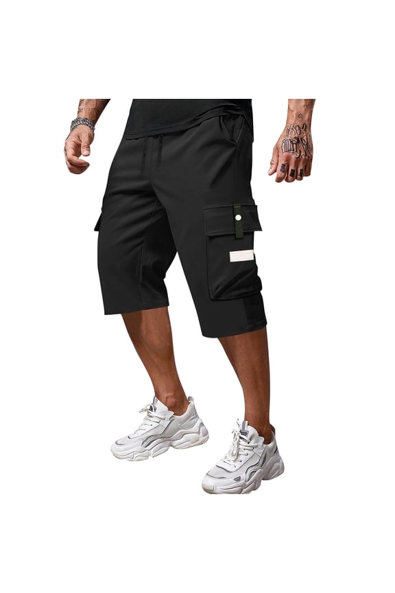 Mens Below The Knee Cargo Shorts M-3XL - Elastic Waist Drawstring Long Short Pants with Multi Pockets Black M
