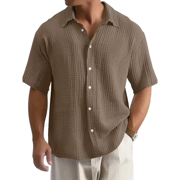 Uwinwear Mens Big and Tall Button Down Shirts Gauze Short Sleeve Collared Shirt Regular Fit Summer Casual Work Clothes Casual Textured Tops,Brown,S