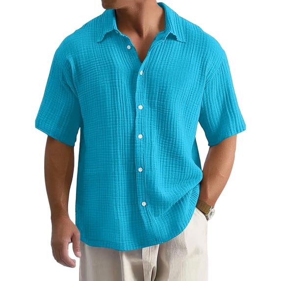 Uwinwear Mens Big and Tall Button Down Shirts Gauze Short Sleeve Collared Shirt Regular Fit Summer Casual Work Clothes Casual Textured Tops,Cyan,M