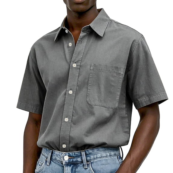 Uwinwear Mens Button-Up Shirts Short Sleeve Breathable Solid Color Shirts Casual Vacation Beach Summer Water-washed cotton Tops,Gray,XL