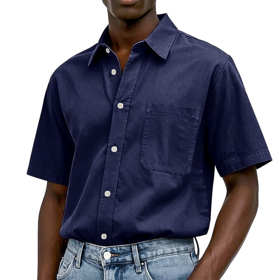 Uwinwear Mens Button-Up Shirts Short Sleeve Breathable Solid Color Shirts Casual Vacation Beach Summer Water-washed cotton Tops,Navy,XL