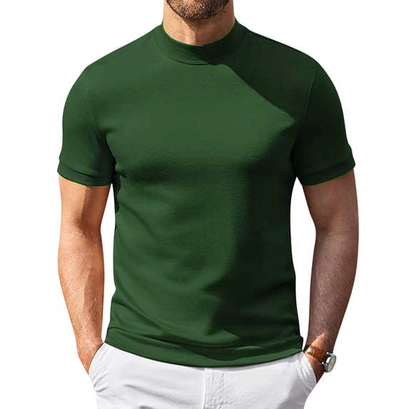 Uwinwear Mens Elastic T-Shirt Short Sleeve Basic Mock Neck T-Shirt Solid Color Slim Fit Undershirt Pullover Summer Thin Breathable Tops,Dark Green,S