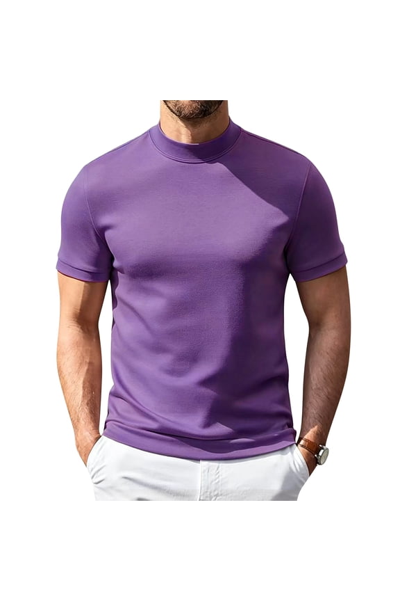 Mens Elastic T-Shirt Short Sleeve Basic Mock Neck T-Shirt Solid Color Slim Fit Undershirt Pullover Summer Thin Breathable Tops,Dark Purple,S