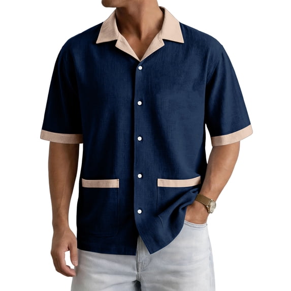 Uwinwear Mens Fashion Color Blocked Shirts Cuban Collar Tees Hawaiian Shirts Short Sleeve Button Down Shirts Casual Summer Beach Tops With 2 Pockets,Navy,XXL