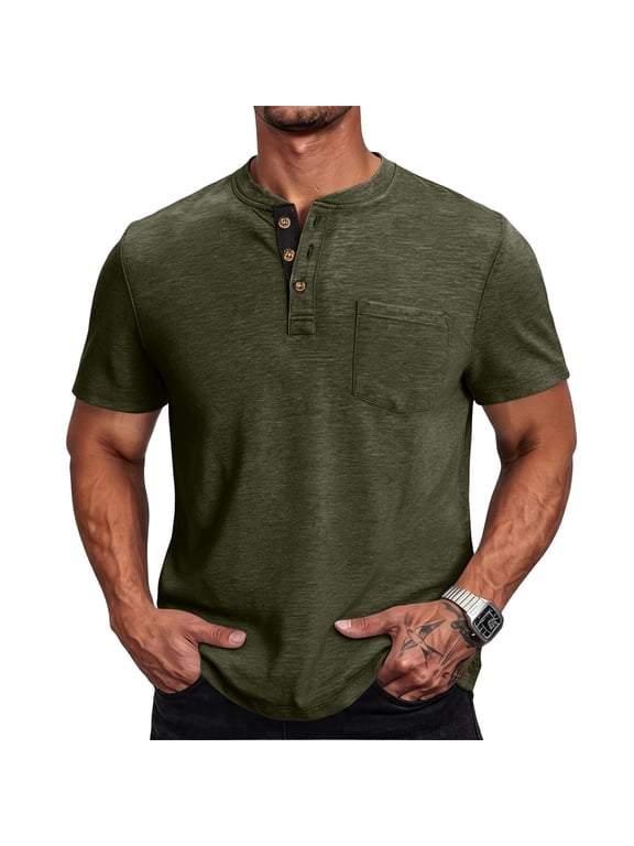 Mens Henley Shirts Short Sleeve T-Shirt with 3 Button Placket Chest Pocket Solid Color Tee Summer Outdoor Tops Breathable Casual Wear,Army Green,XXXL