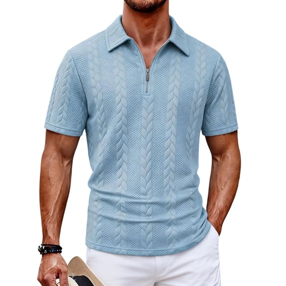 Uwinwear Mens Knit Polo Shirts Solid Color Short Sleeve Textured Polo Shirt Quarter Zip Collar Tee Casual Stretch Summer Golf Tops,Sky Blue,M
