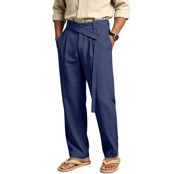 Uwinwear Mens Linen Beach Pants Casual Summer Stylish Straight Leg Trousers Lightweight Loose Fit Travel Pants With Pockets,Navy,XL