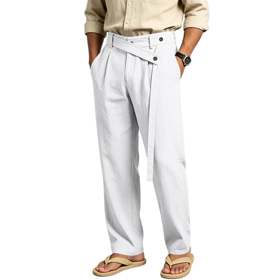 Uwinwear Mens Linen Beach Pants Casual Summer Stylish Straight Leg Trousers Lightweight Loose Fit Travel Pants With Pockets,White,XXXL