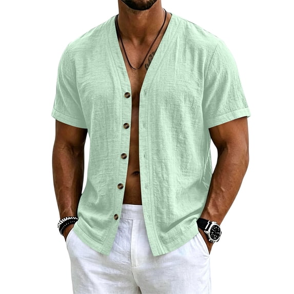 Uwinwear Mens Short Sleeve Shirts Button Up Shirts Linen Cotton Tops V Neck Plain Hawaiian Summer Beach T-Shirt Breathable Casual Wear,Light Green,XL