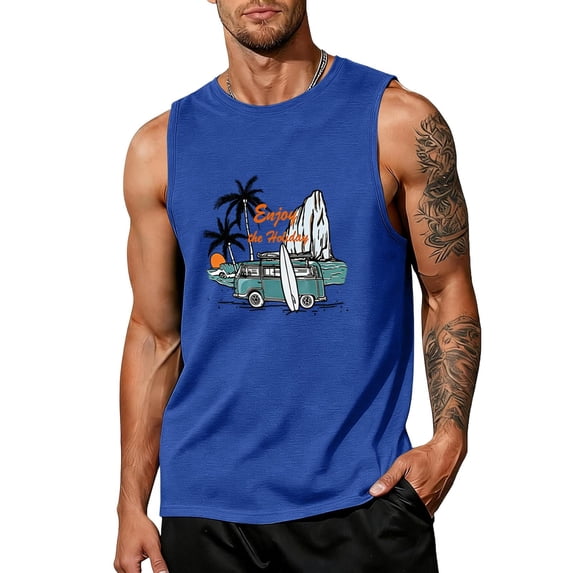 Uwinwear Mens Sleeveless Tank Tops Graphic Crew Neck Casual Sleeveless Shirts Summer Beach Palm Tree Printed Vintage Hawaiian Vest,Blue,L