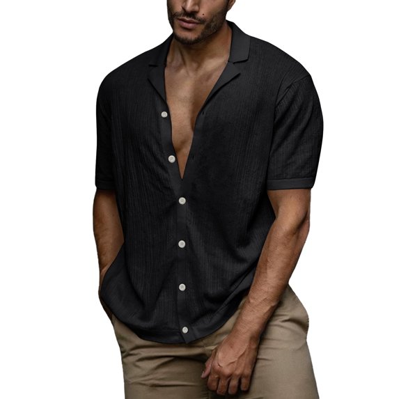 Uwinwear Short Sleeve Button Down Shirts for Men Cuban Collar Tees Hawaiian Fashion Textured Summer Beach Shirt Lightweight Breathable Casual Tops,Black,S